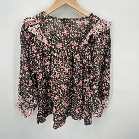 CLEOBELLA NWT Evereve Brynlee Black Pink Org Cotton Metallic Print Blouse // L - Picture 10 of 16